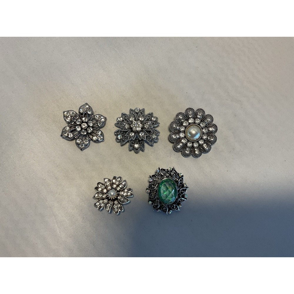 Vintage Style Brooch Lot 5pc SilverTone Rhinestone Faux Pearl Green Stone Floral